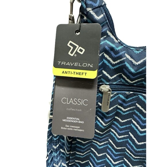 NEW Travelon Anti-Theft Classic Essential Messenger Travel Bag Blue Chevron - Picture 4 of 8